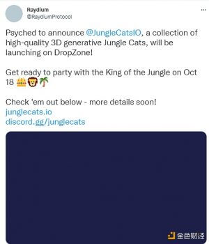 图片[1] - Raydium宣布NFT项目Jungle Cats将于10月18日在DropZone发布 - 屯币呀